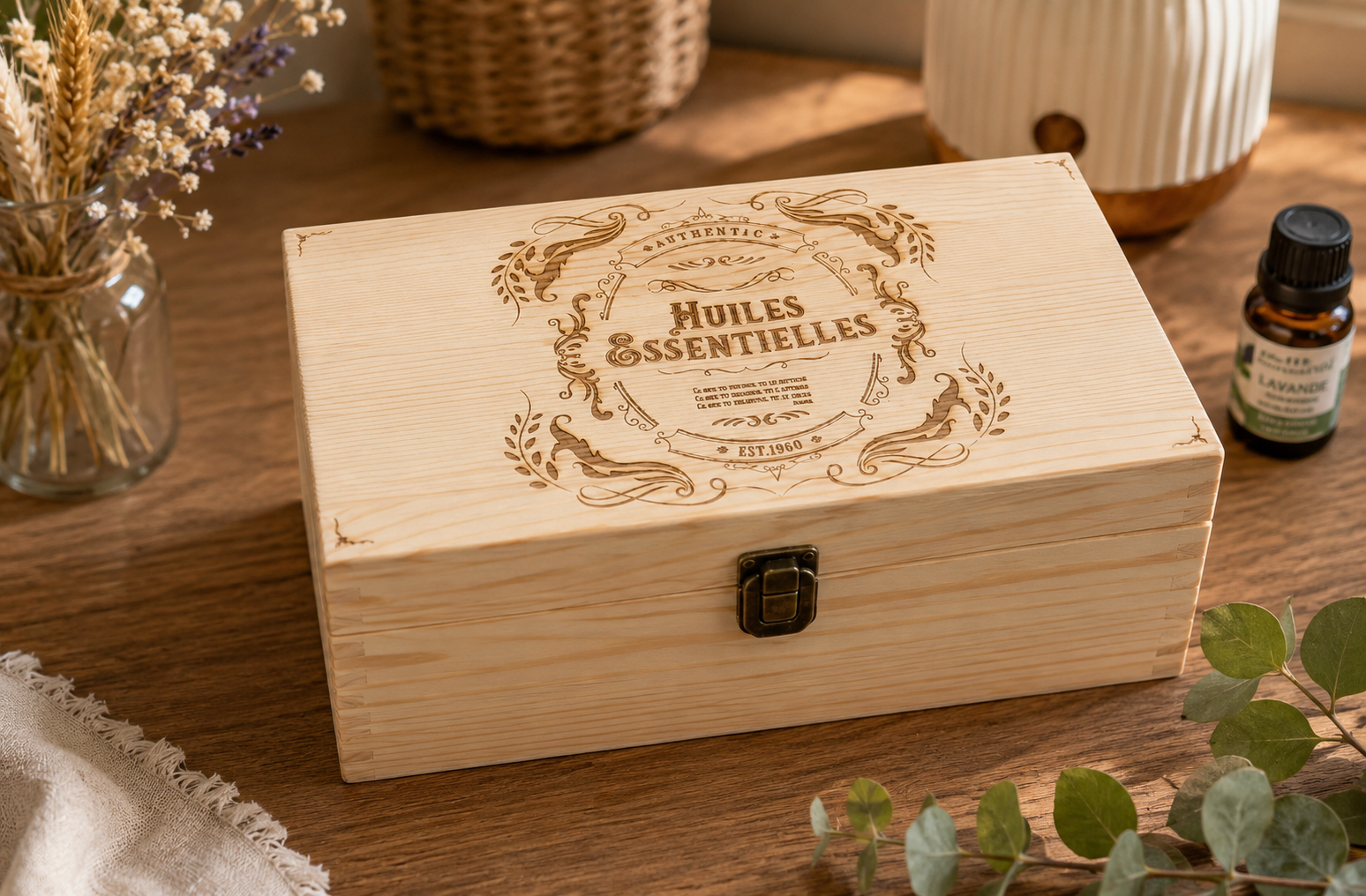 Coffret de rangement pour huiles essentielles en bois gravé 24 flacons | Rangement élégant