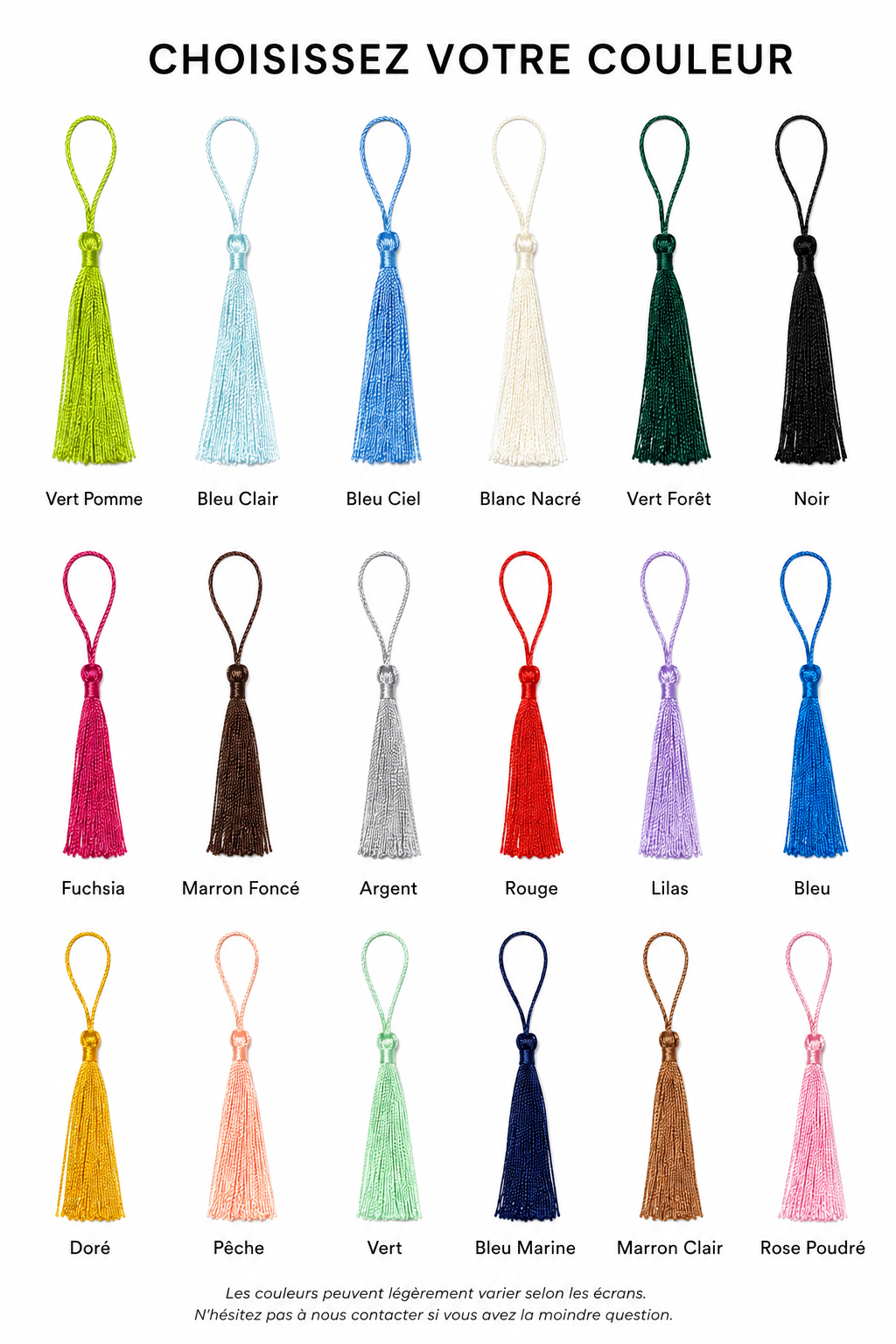 Nuancier de pompons décoratifs disponibles en 18 couleurs différentes pour personnaliser une création Bécote.