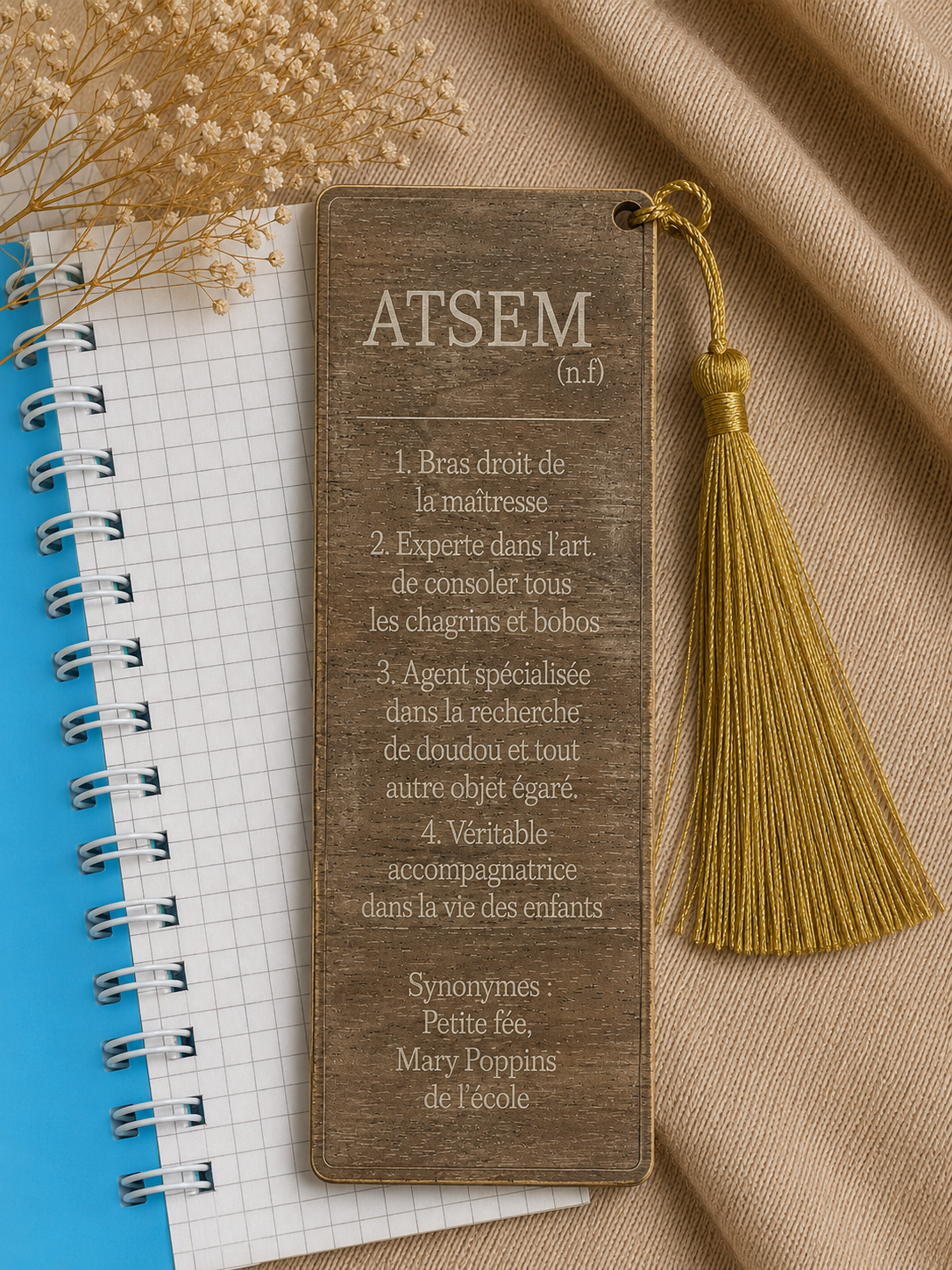 Marque-page en bois gravé ATSEM avec définition originale et pompon doré – cadeau de remerciement