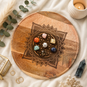 Plateau Fleur de vie en bois gravé avec pierres décoratives présentées à titre d'exemple dans une ambiance zen.
