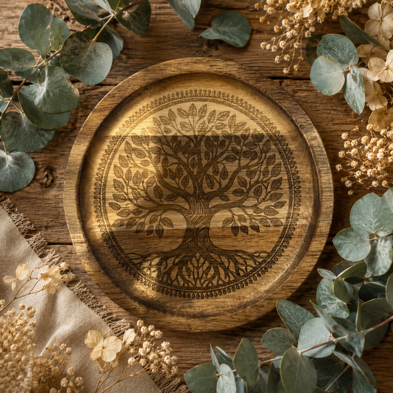 Plateau rond en bois gravé d'un Arbre de Vie, posé sur une table en bois rustique et entouré de feuilles d'eucalyptus, de fleurs séchées et d'un tissu en lin beige.