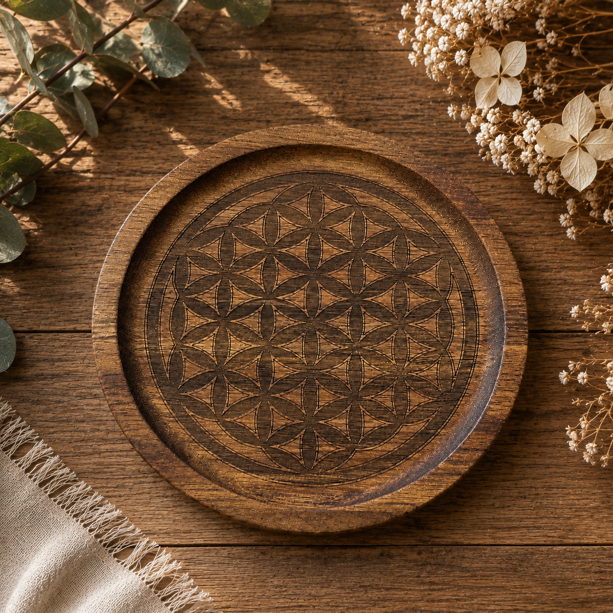 Plateau rond en bois naturel gravé d'un motif de spirales, posé sur une table en bois rustique et entouré de branches d'eucalyptus, de fleurs séchées et d'un tissu en lin.