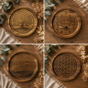 Plateau en bois -Collection de quatre plateaux décoratifs en bois gravés Bécote, présentant les motifs Arbre de Vie, Spirales, Fleur de Vie et Lotus.