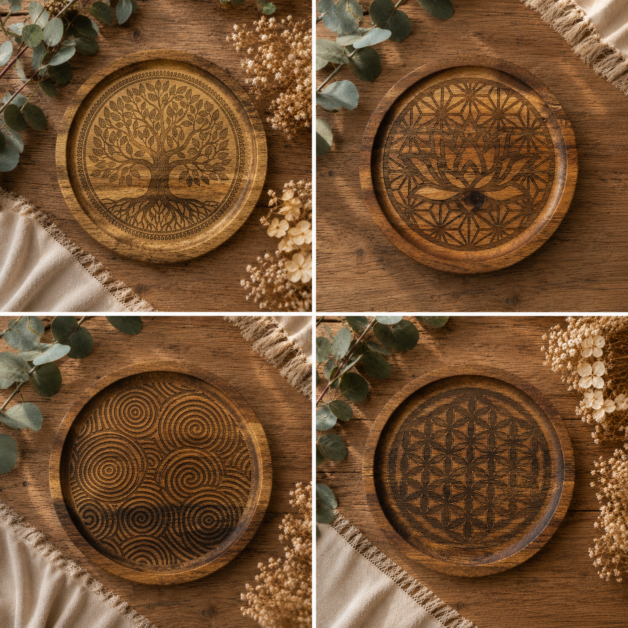 Plateau en bois -Collection de quatre plateaux décoratifs en bois gravés Bécote, présentant les motifs Arbre de Vie, Spirales, Fleur de Vie et Lotus.