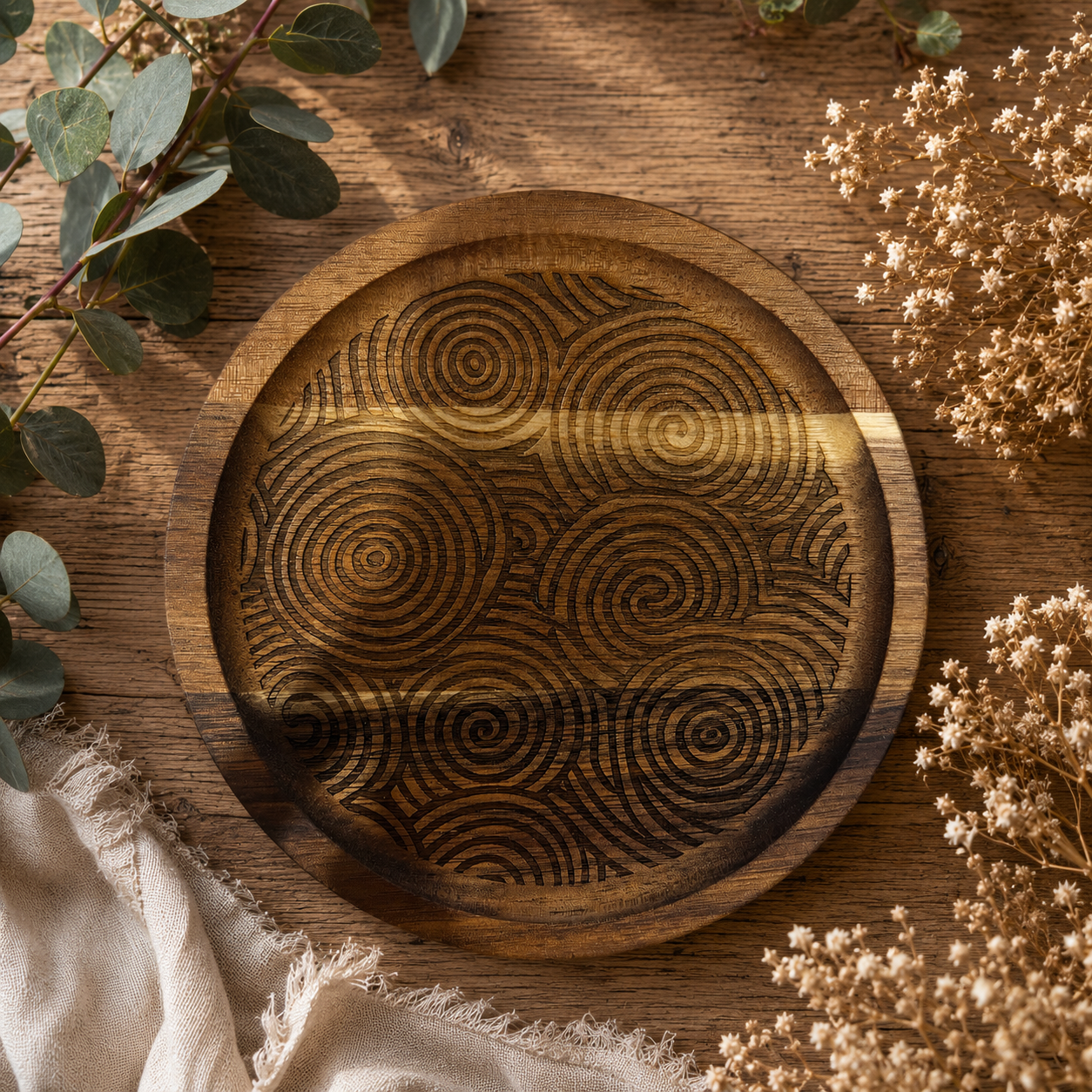 Plateau rond en bois naturel gravé d'un motif de spirales géométriques, posé sur une table en bois rustique et entouré de feuilles d'eucalyptus, de fleurs séchées et d'un tissu en lin dans une ambiance chaleureuse et naturelle.