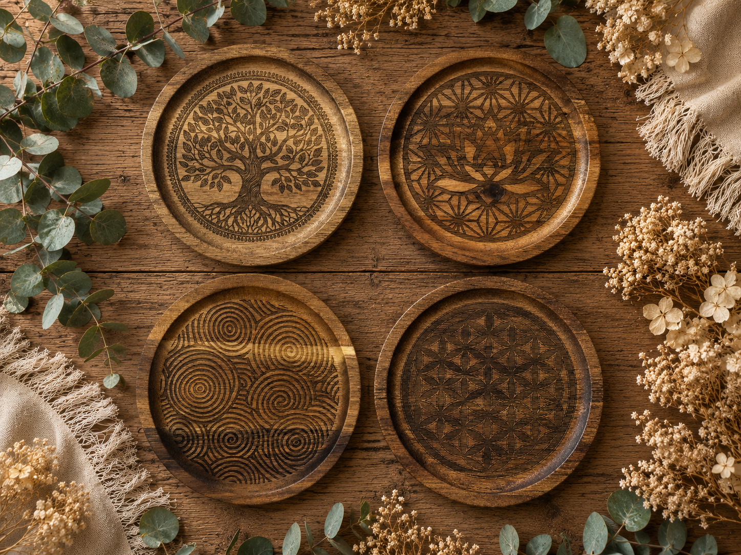 Ensemble de quatre plateaux artisanaux en bois gravé disposés sur une table en bois dans une ambiance naturelle et chaleureuse.