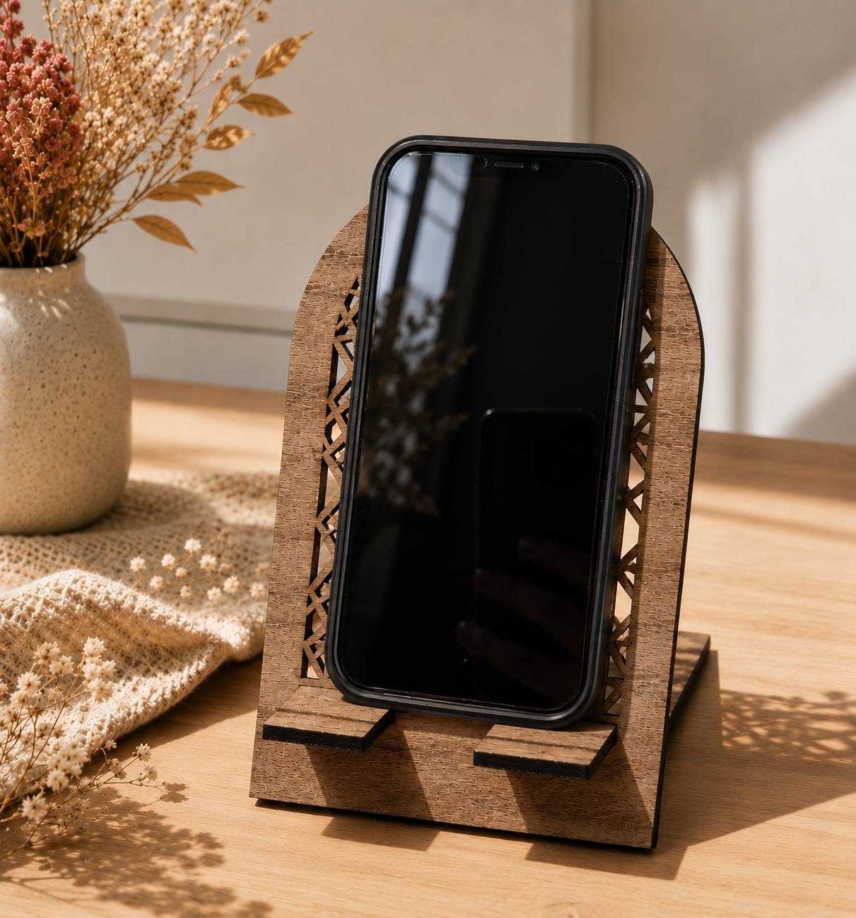 Support téléphone en bois avec smartphone posé en position verticale.