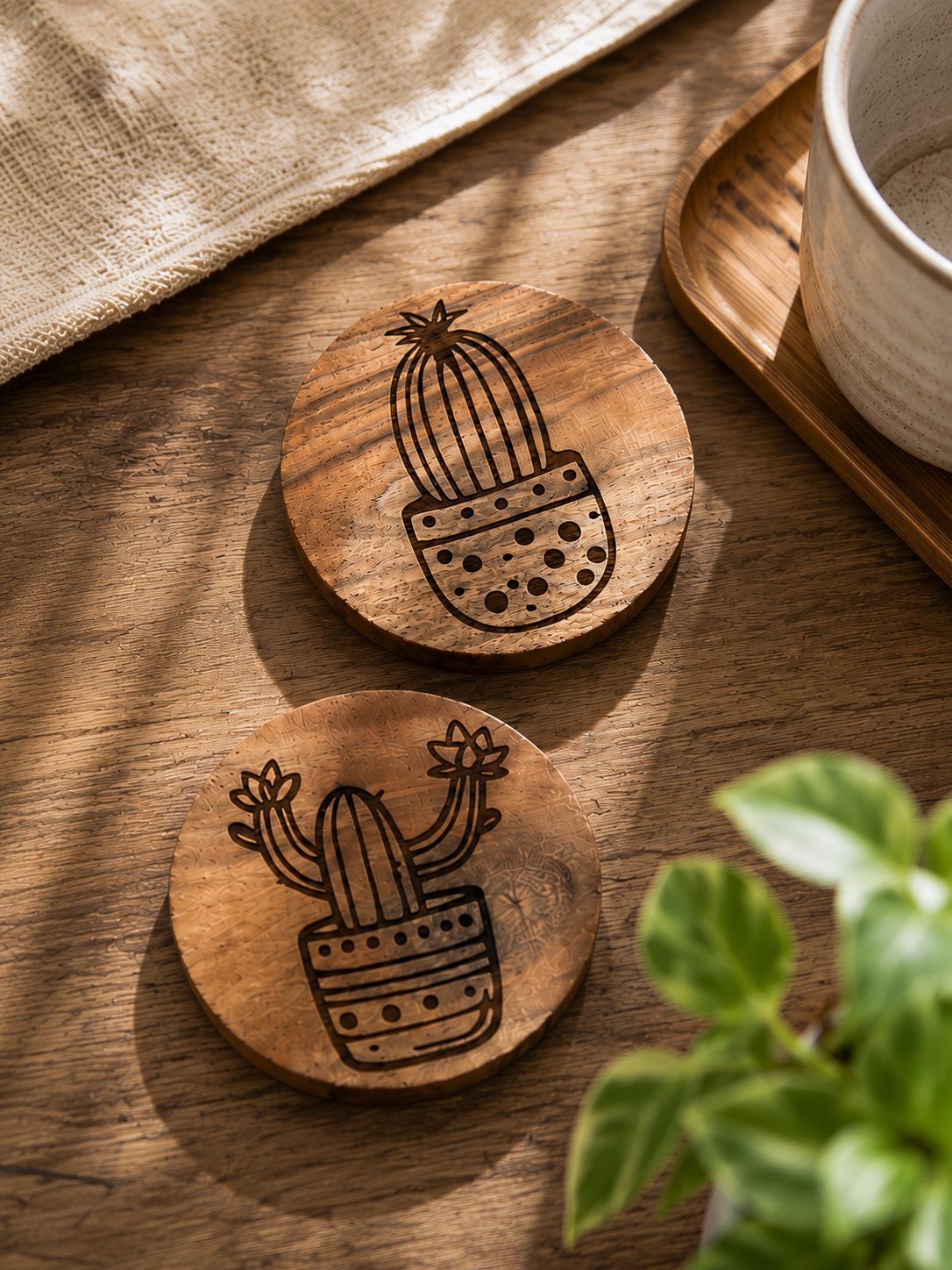 Sous-verres en bois gravés cactus sur table en bois naturel