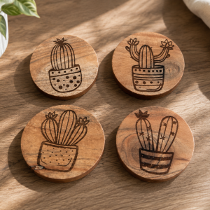 Lot de 4 sous-verres en bois d'acacia gravés de motifs cactus.