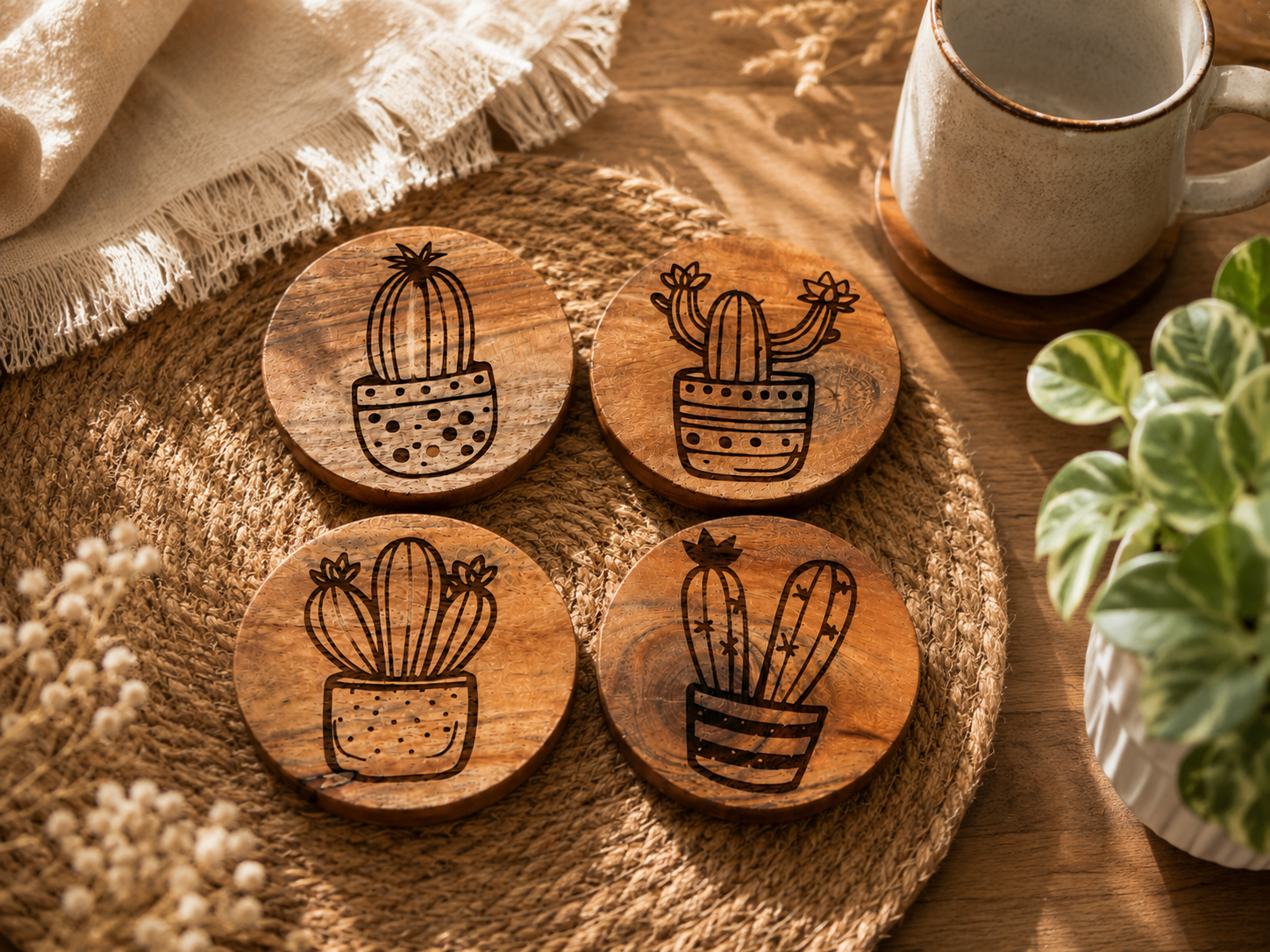 Sous-verres cactus en bois naturel dans une ambiance bohème et chaleureuse