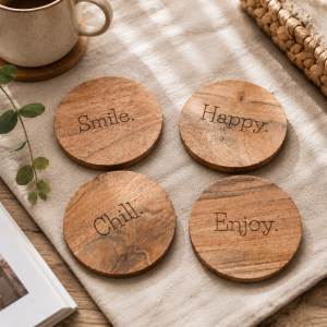Collection de sous-verres en bois gravés Smile, Happy, Chill et Enjoy, mise en scène sur un tissu beige avec tasse et éléments décoratifs naturels.