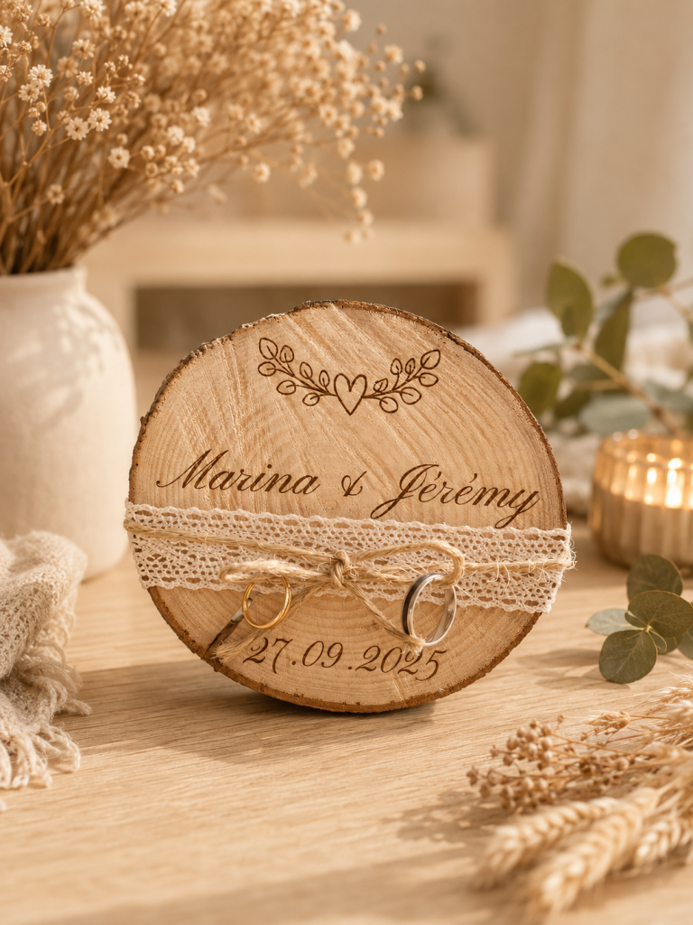 Rondin mariage alliances en bois gravé personnalisé