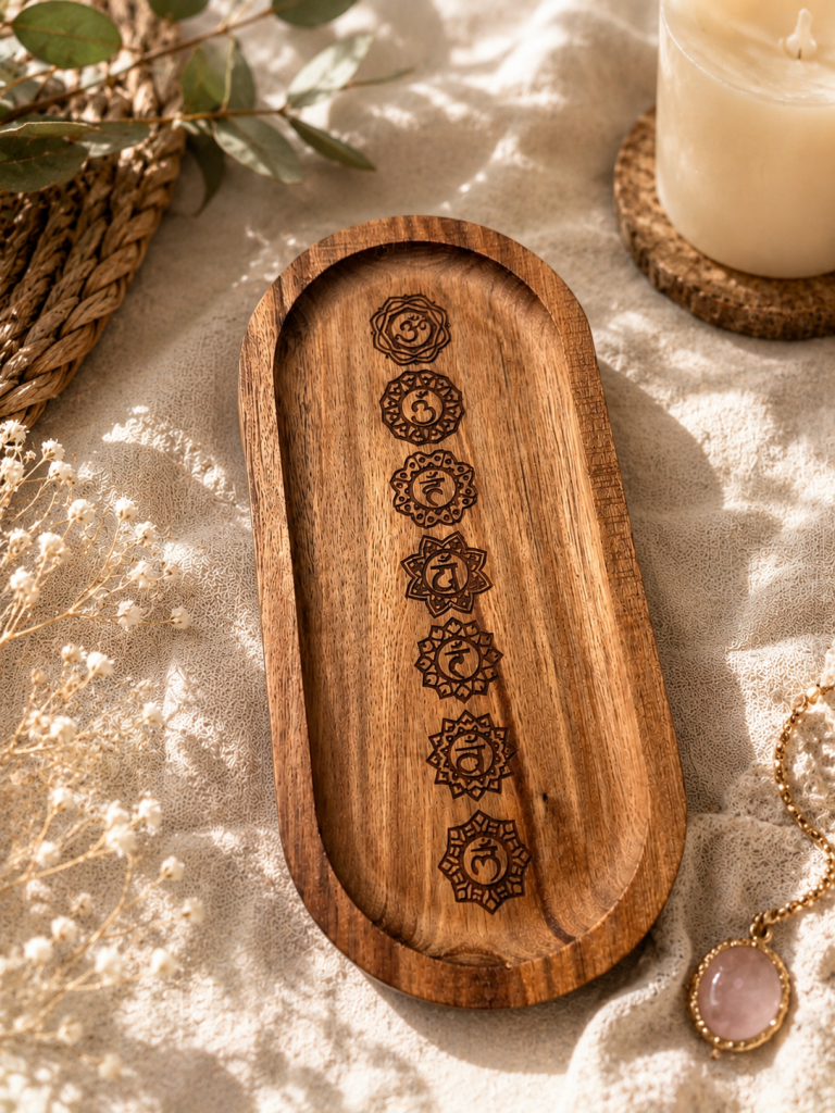 Plateau décoratif en bois gravé de motifs chakras