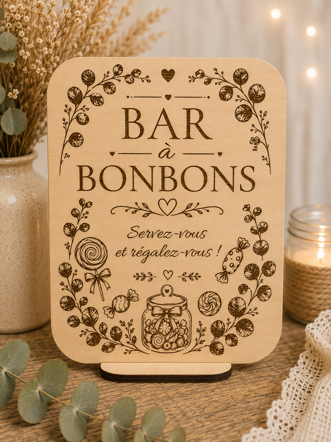 Pancartes de mariage en bois « Bar à bonbons » pour candy bar de mariage.