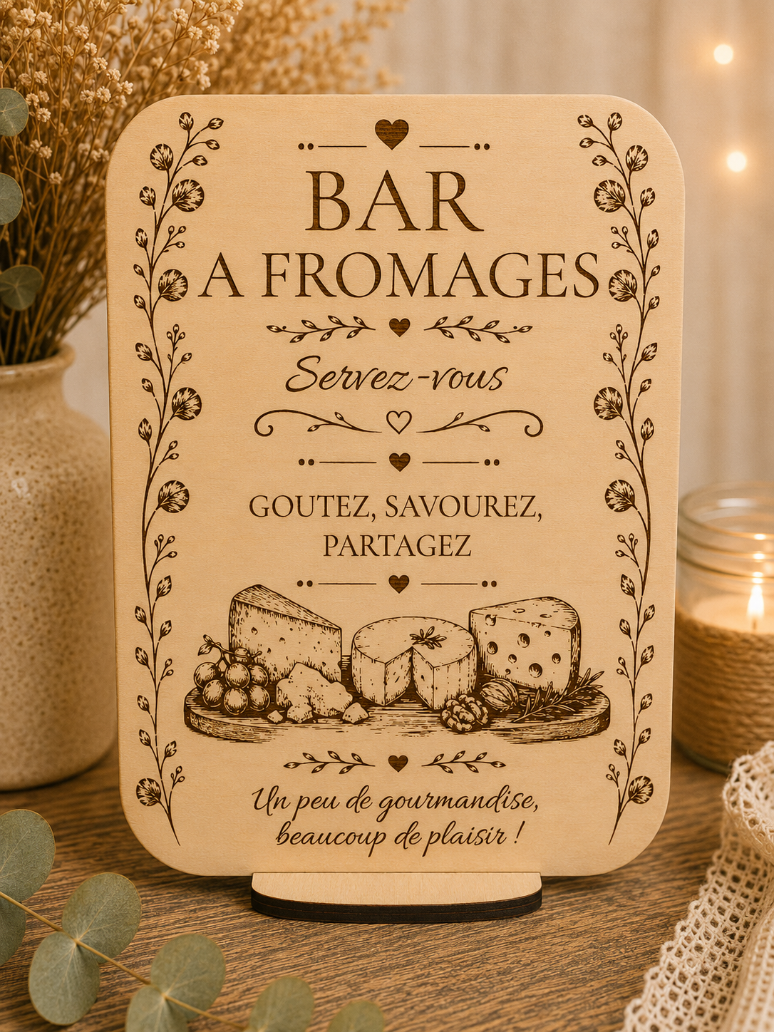 Pancarte en bois « Bar à fromages » pour buffet de mariage.