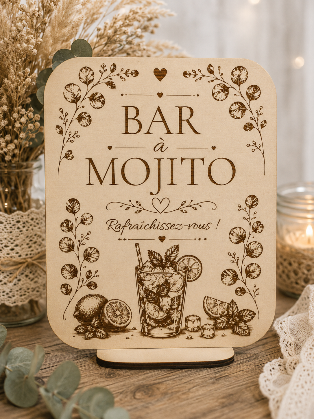 Pancarte en bois « Bar à Mojito » gravée au laser pour décoration de mariage.