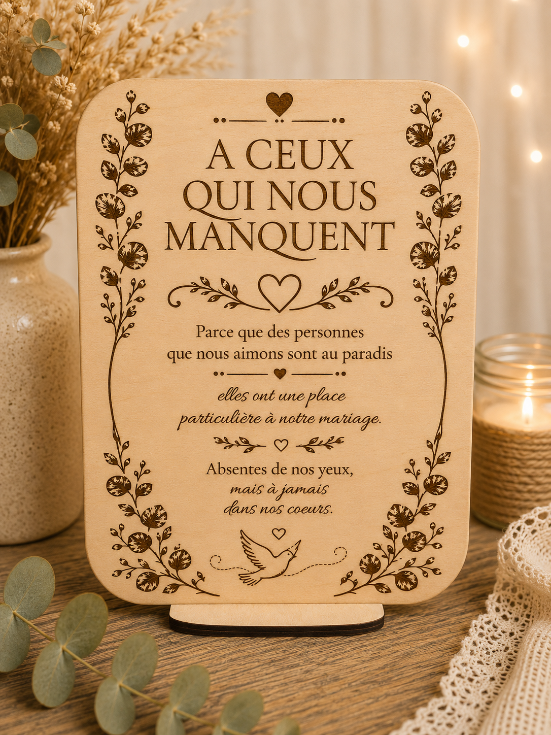 Pancarte en bois « À ceux qui nous manquent » pour hommage lors d'un mariage.