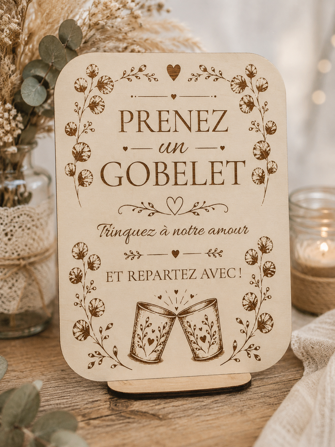 Pancarte en bois « Prenez un gobelet » pour espace boissons de mariage.