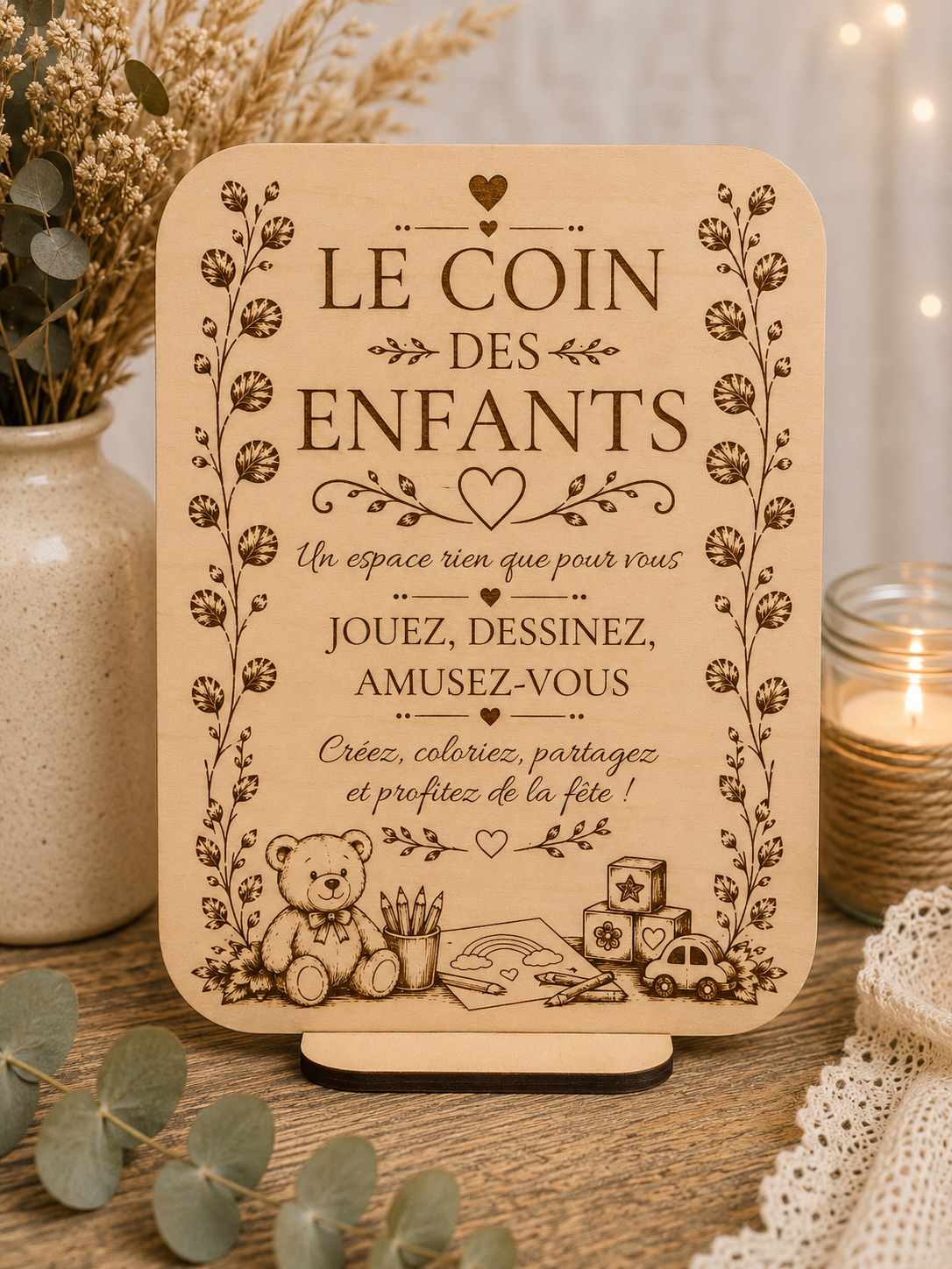 Pancarte en bois « Le coin des enfants » pour espace enfants lors d'un mariage.