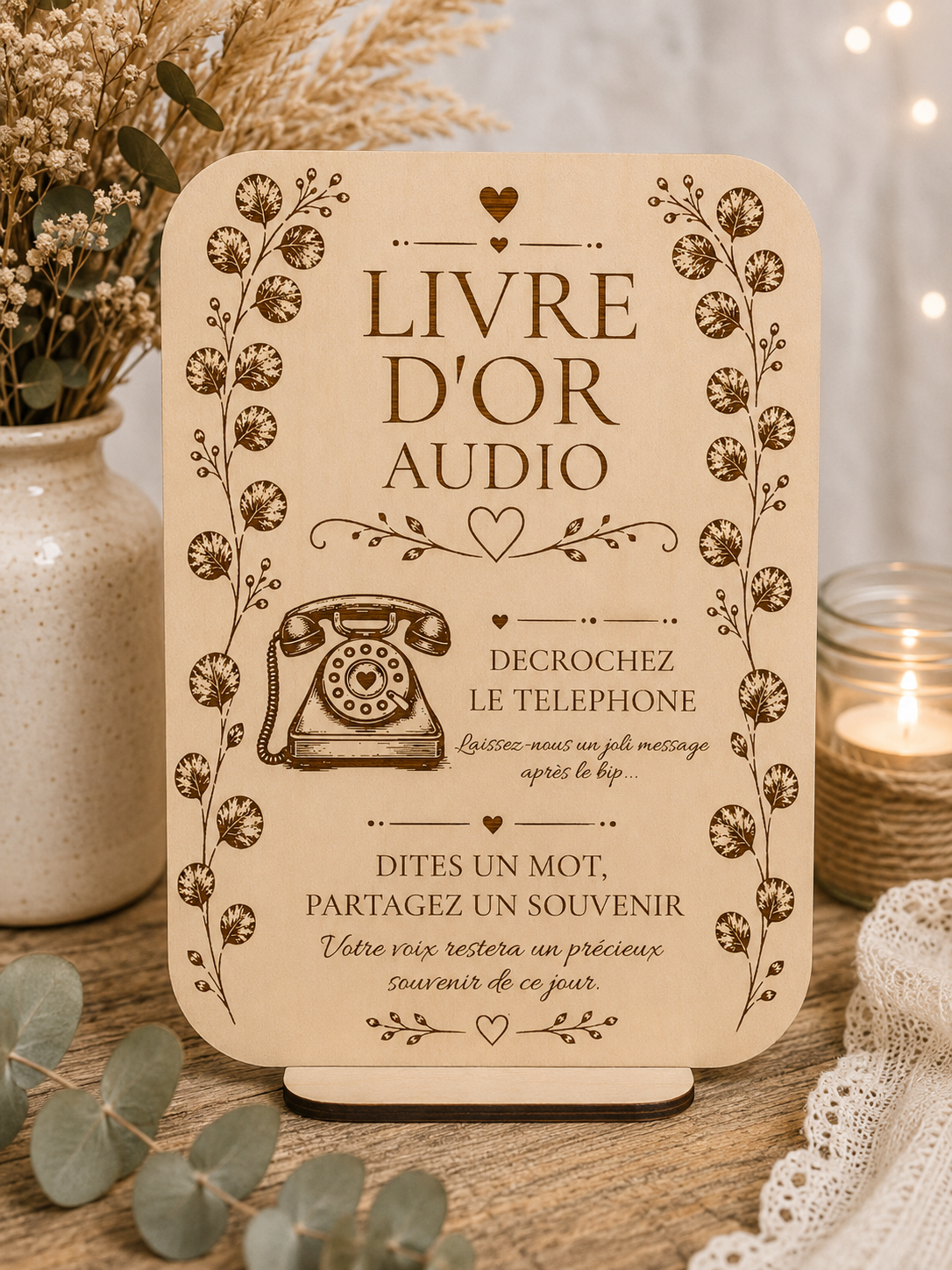 Pancarte en bois « Livre d'or audio » pour téléphone à messages de mariage.