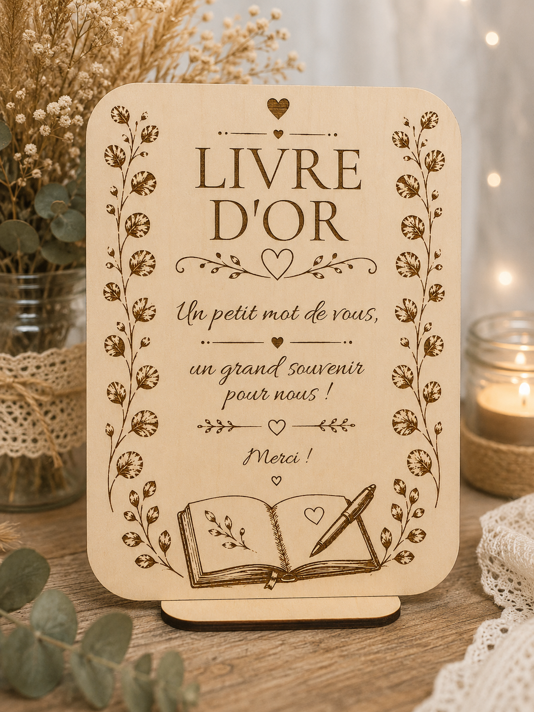 Pancarte en bois « Livre d'or » gravée pour mariage.