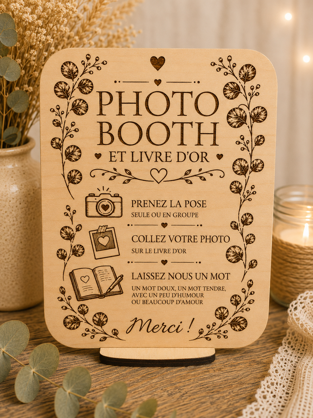 Pancarte en bois « Photobooth et livre d'or » pour animation de mariage.