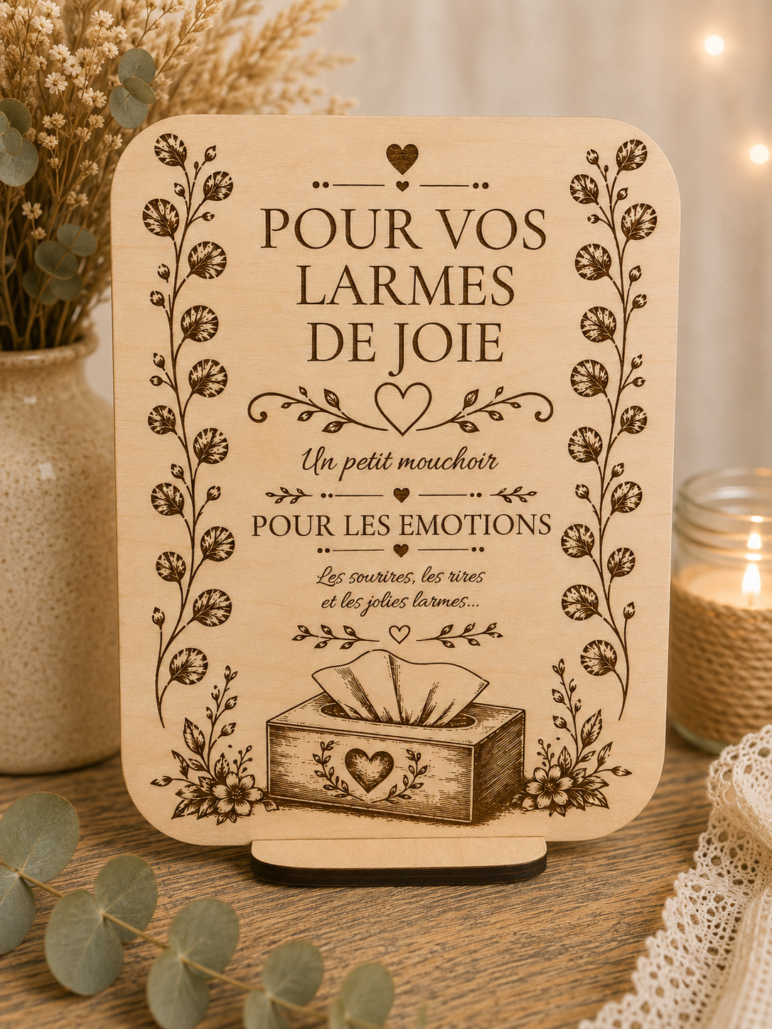 Pancarte en bois « Pour vos larmes de joie » pour mouchoirs de cérémonie.