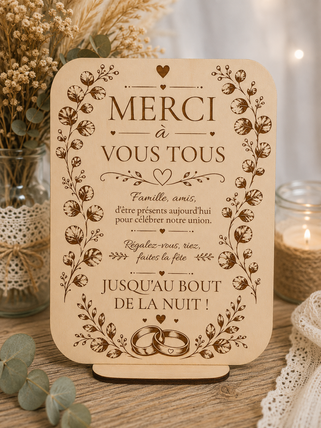 Pancarte en bois « Merci à vous tous » pour décoration de réception de mariage.