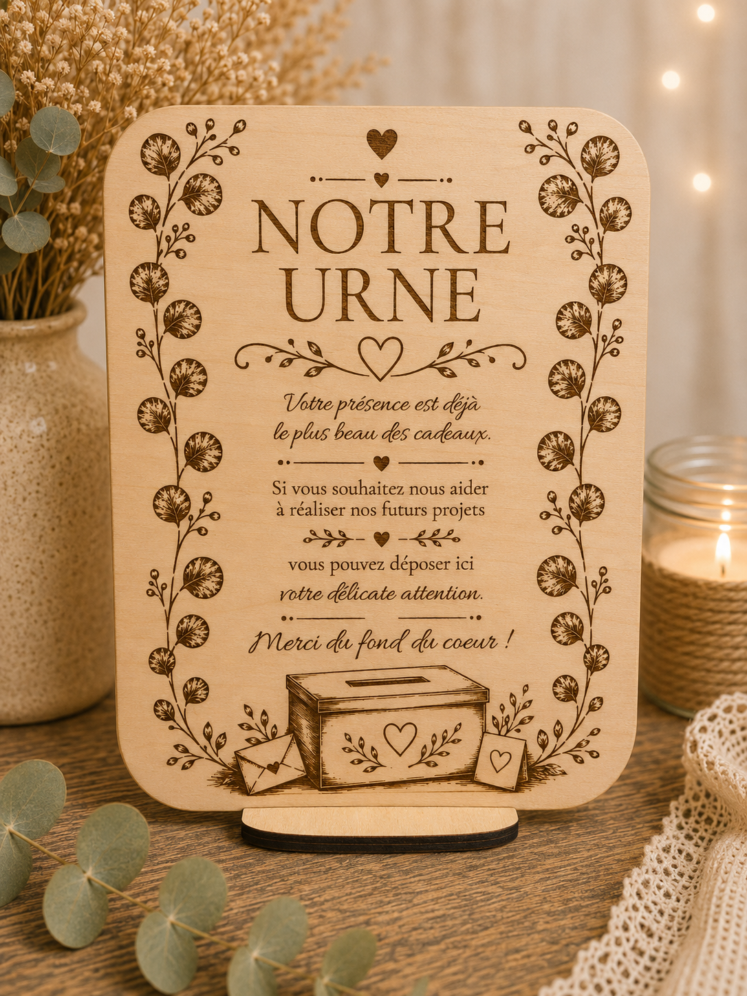 Pancarte en bois « Notre urne » pour urne de mariage.