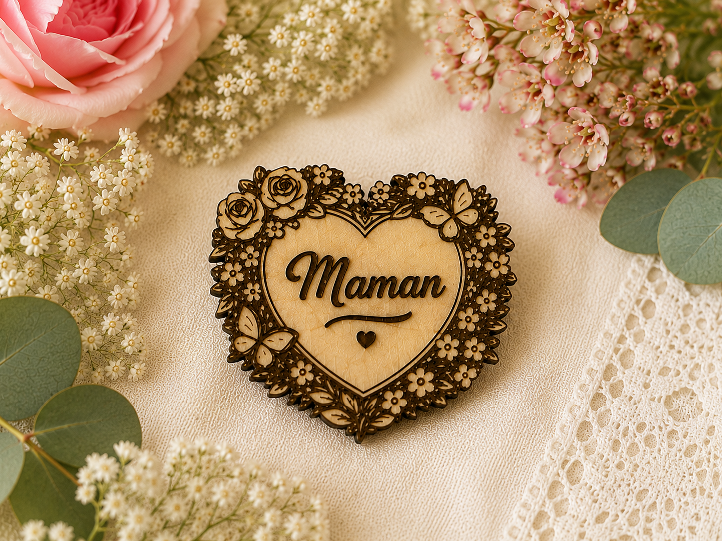 Broche personnalisée en bois gravé avec inscription Maman et motif floral