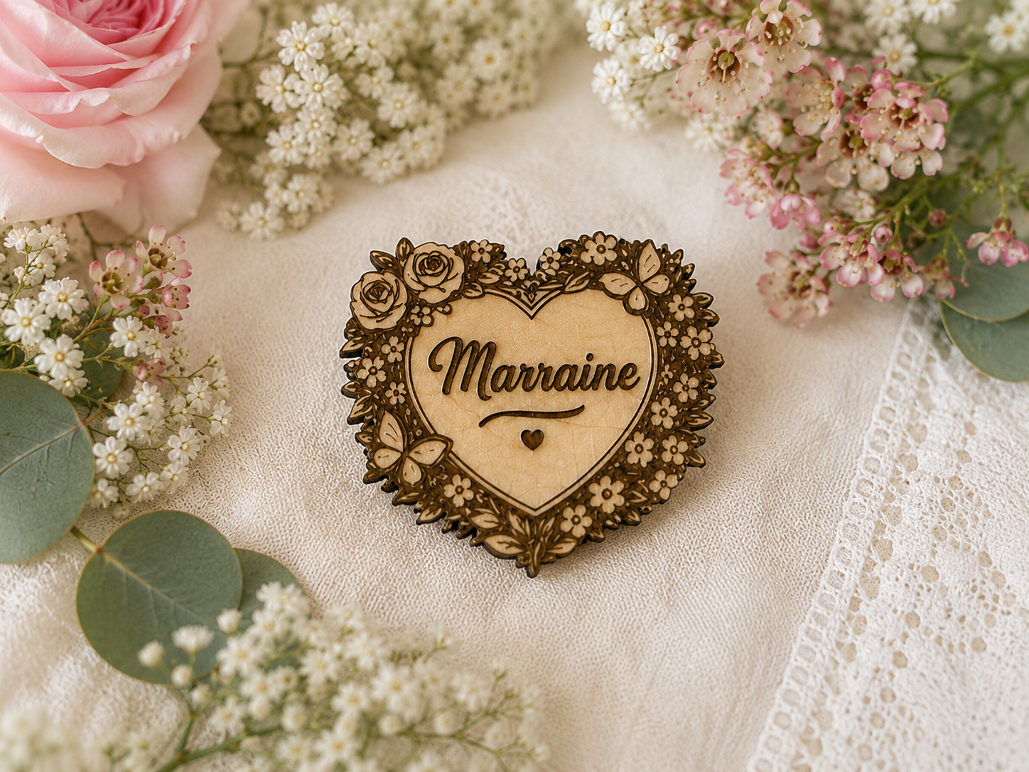 Broche personnalisée en bois gravé avec inscription Marraine et motif floral