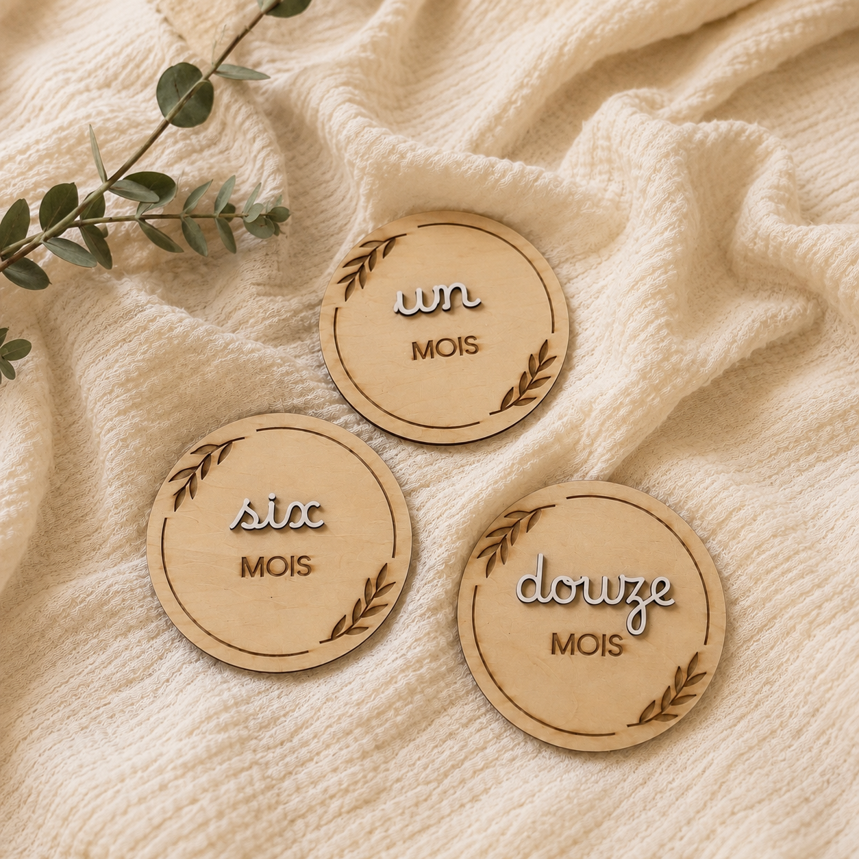 Cartes mensuelles bébé en bois avec motifs végétaux
