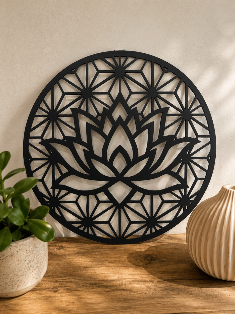 Objets déco, décoration murale en bois; noire Fleur de Vie