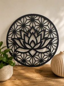 Objets déco, décoration murale en bois; noire Fleur de Vie