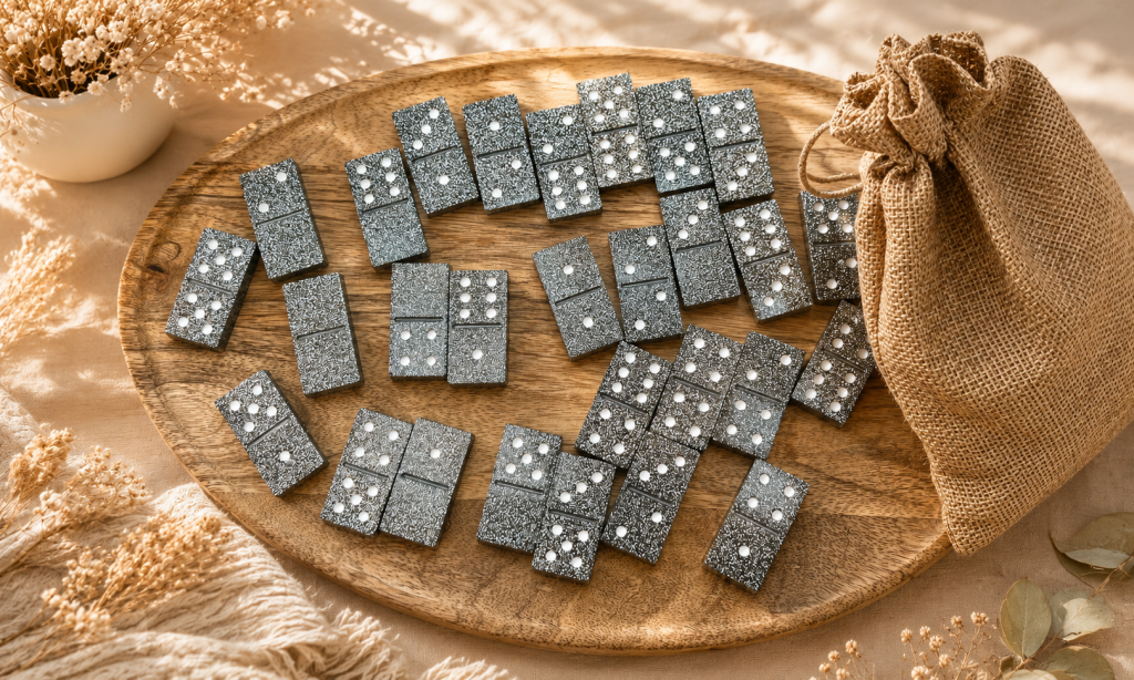 Jeu de dominos gris fait main présenté sur un plateau en bois