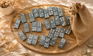 Jeu de dominos gris fait main présenté sur un plateau en bois