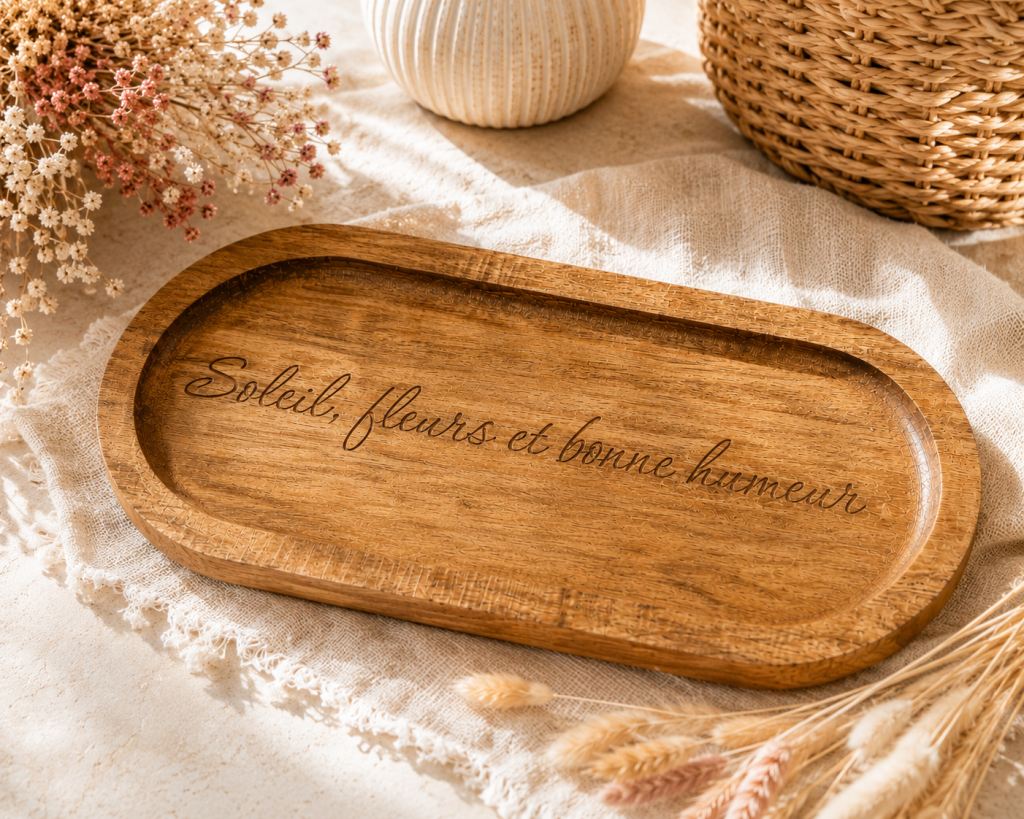 Plateau en bois avec inscription gravée
