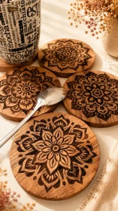 Sous-verres en bois gravés mandala