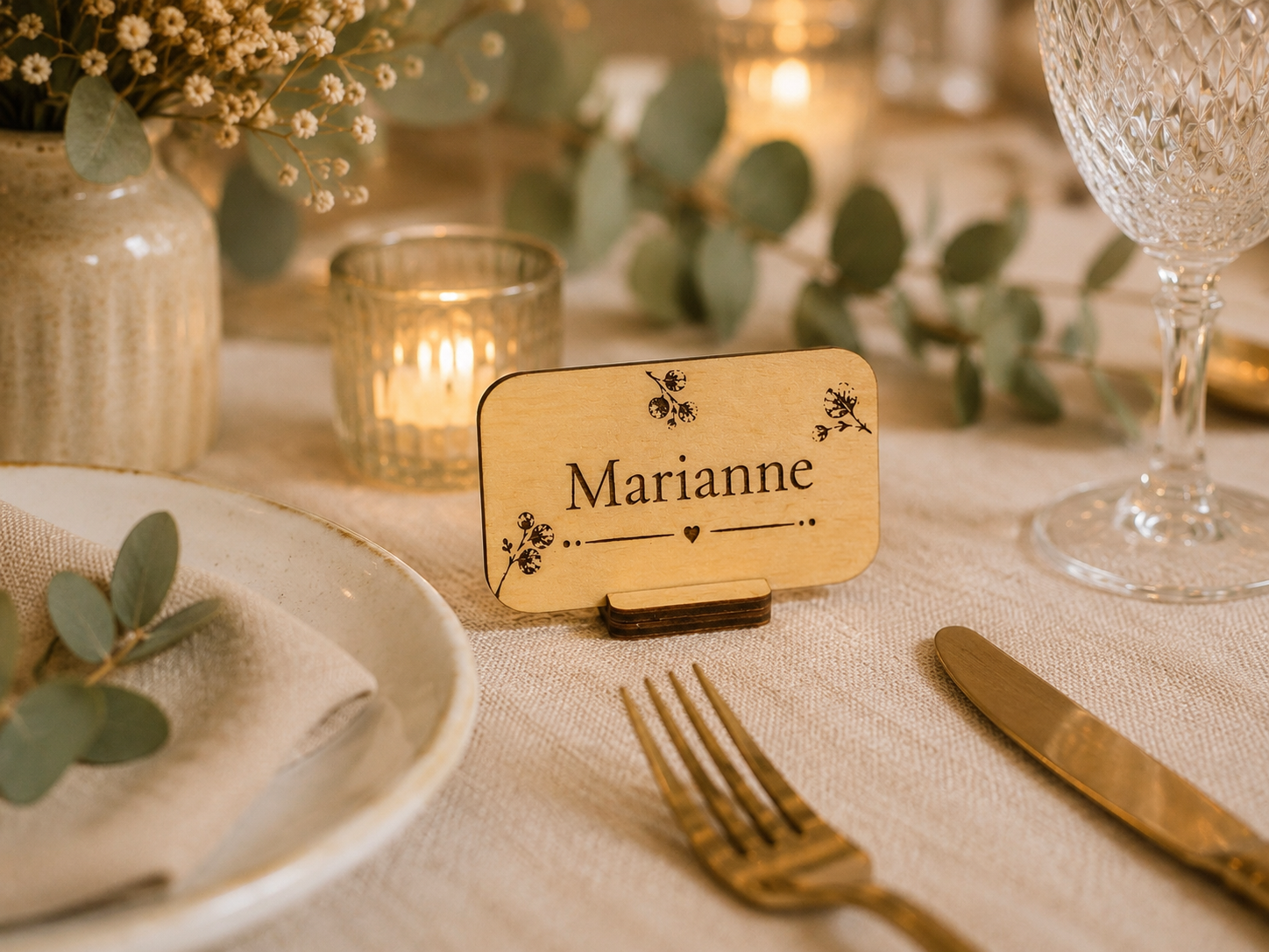 Marque-place personnalisé en bois Marianne Collection Origine posé sur une table de réception.