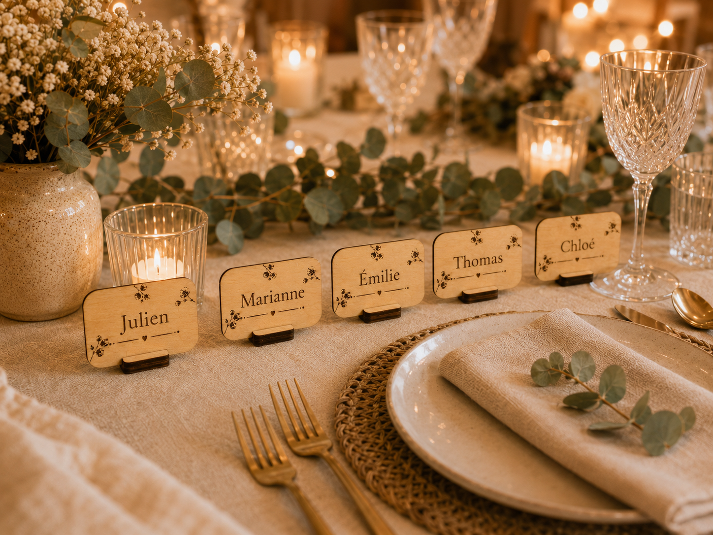 Marque-place personnalisé en bois Collection Origine avec plusieurs prénoms sur une décoration de table élégante.