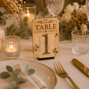 Numéro de table personnalisé en bois posé sur une table de mariage élégamment décorée