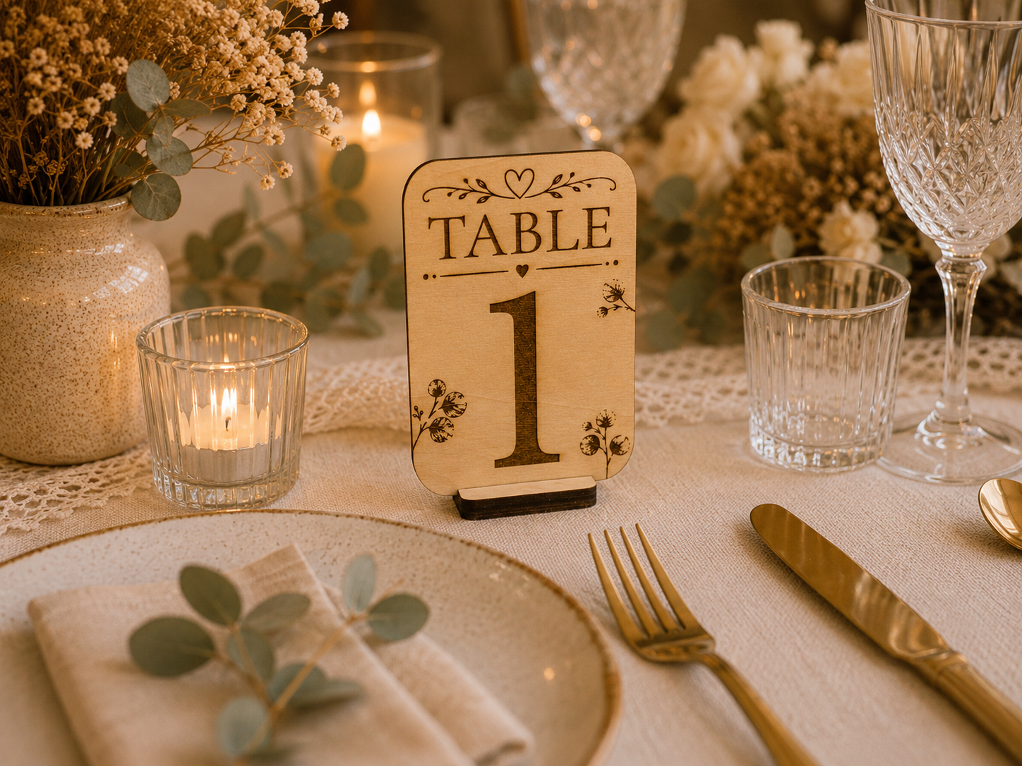 Numéro de table personnalisé en bois posé sur une table de mariage élégamment décorée