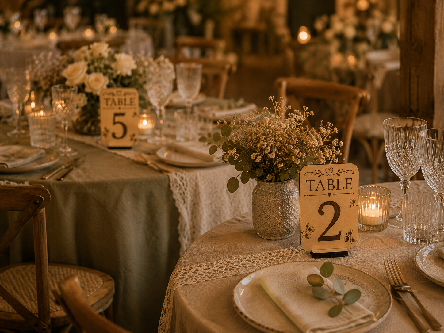 Numéros de table personnalisés en bois sur plusieurs tables de réception de mariage
