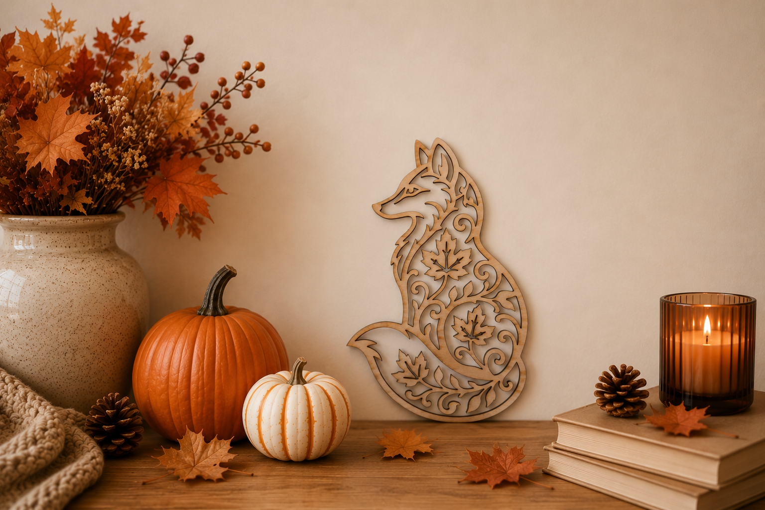 Décoration murale renard en bois présentée dans une ambiance automnale avec citrouilles, feuillages et bougie