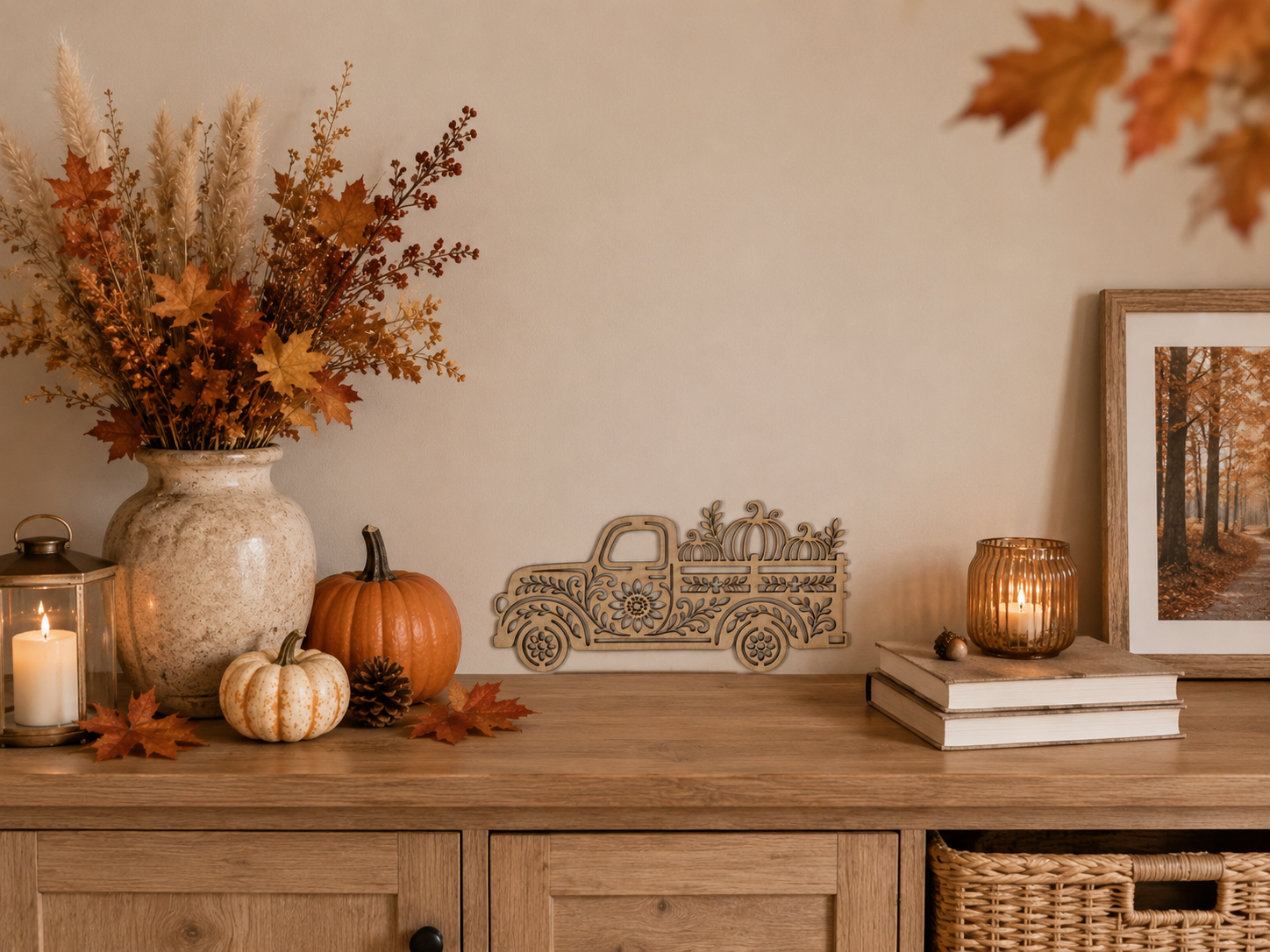 Décoration en bois en forme de camionnette avec citrouilles, présentée dans une ambiance chaleureuse aux couleurs d’automne