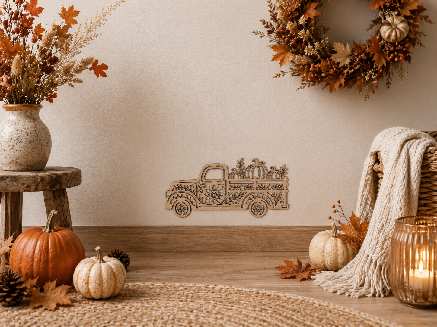 Camionnette décorative en bois installée sur un mur dans un intérieur chaleureux aux accents d’automne