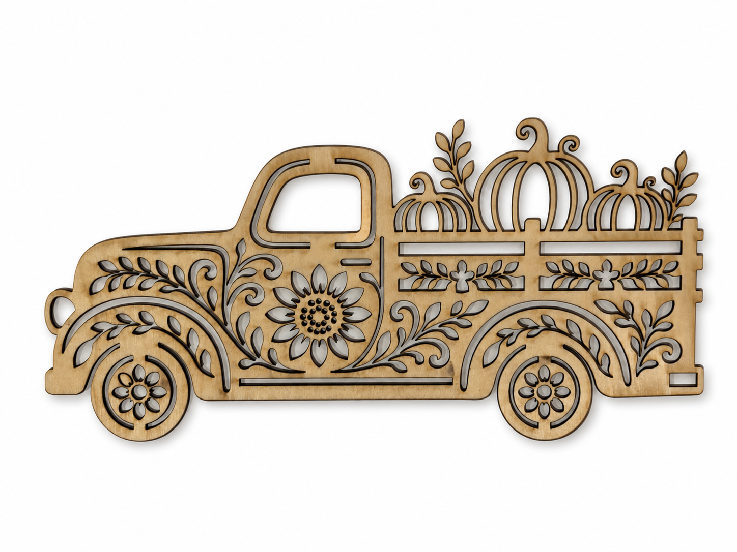 Décoration murale automne en bois représentant une camionnette chargée de citrouilles et de feuillages