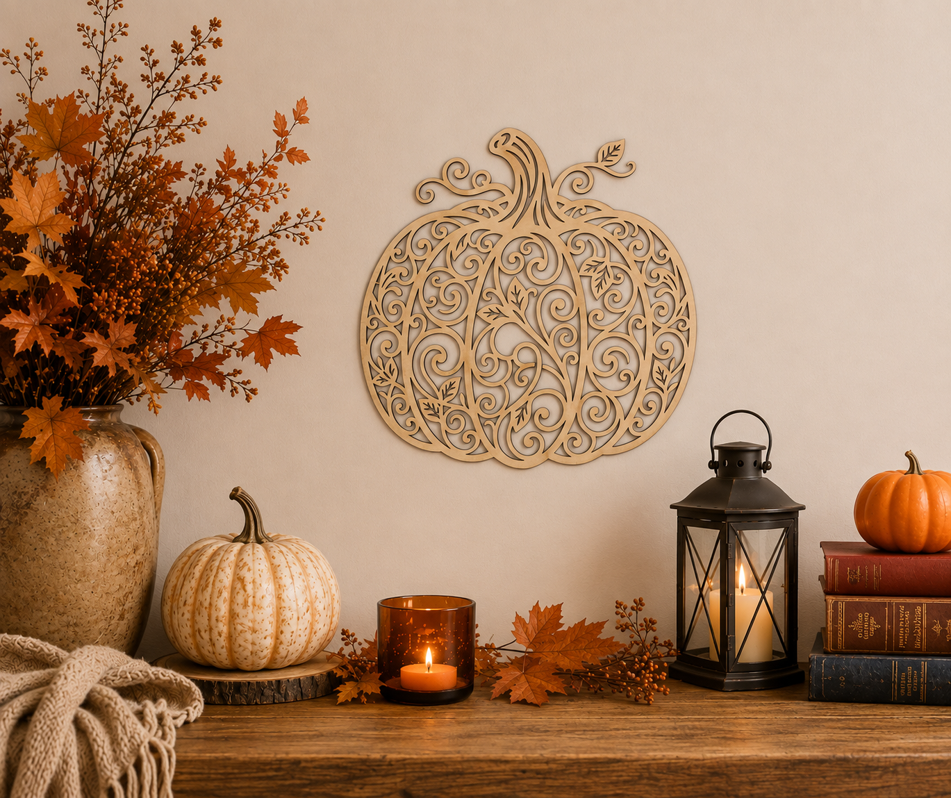 Citrouille décorative en bois installée au mur dans une ambiance automnale avec bougies et feuillages