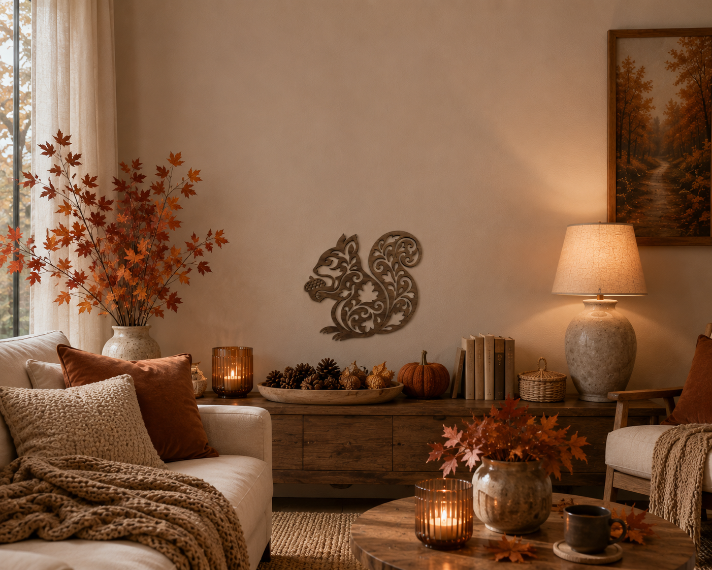 Décoration murale motif écureuil avec décoration automnale dans un salon