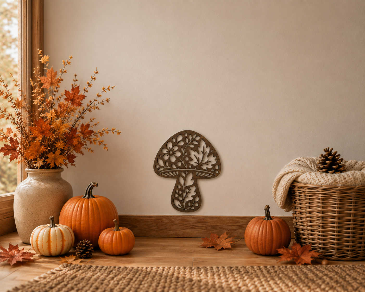 Décoration champignon en bois exposé sur un mur avec décoration automnale